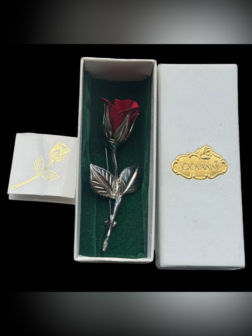 Vintage Giovanni Red Rose Brooch In Original Box w/ Poem